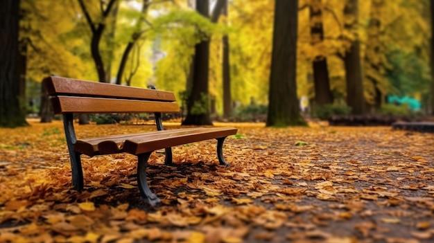 A bench in a park with autumn leaves on the ground