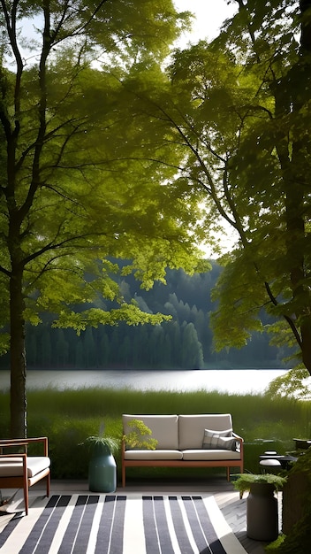 A bench in a park with a tree on the left side and a lake in the background.