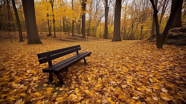 A bench in a park with yellow leaves on the ground.