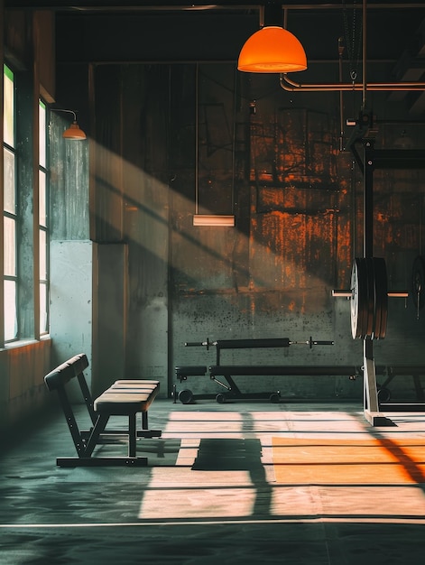 Photo a bench in a room with a light on the wall and a window with the light shining through it