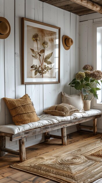 Photo a bench in a room with a painting of a hat and a picture of flowers