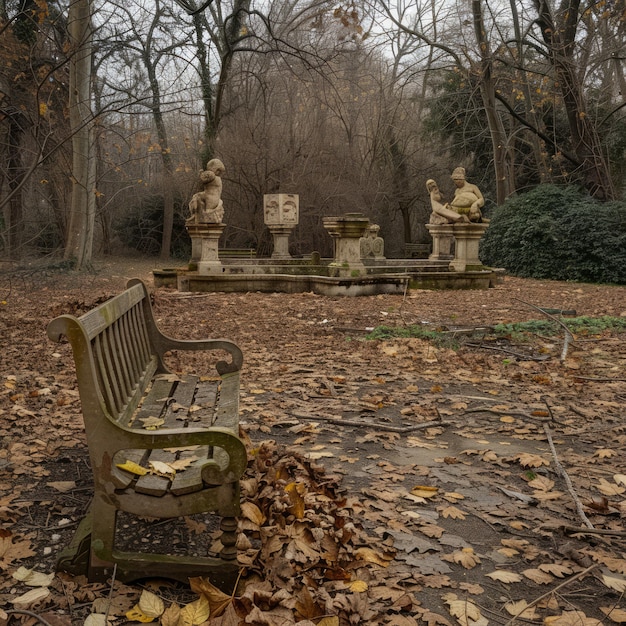 Photo a bench sits in a park with a few statues in the background