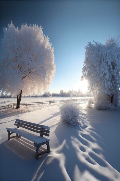 Bench sitting in the middle of a snow covered field generative ai