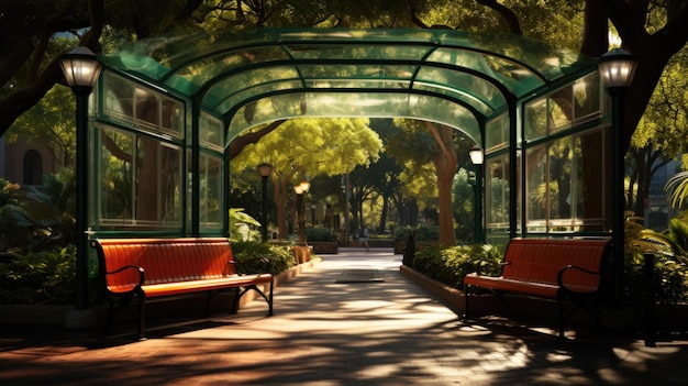 A bench sitting in a park with trees and a green canopy ai