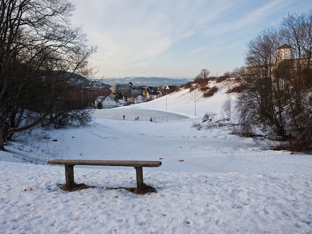 bench snow winter lake Norway