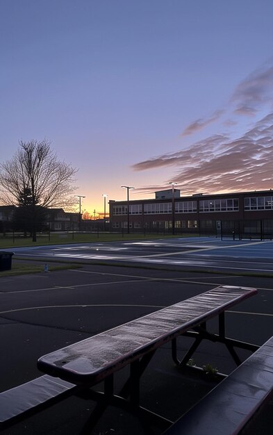 Photo bench that is sitting in the middle of a tennis court