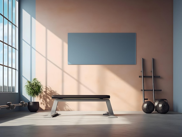 a bench with a blue frame and a plant on it