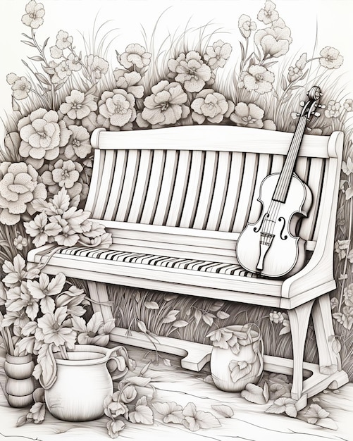 Photo bench with musical instruments and flowers