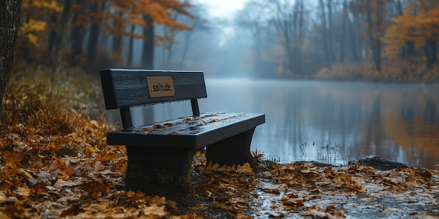 a bench in the woods with a lake in the background