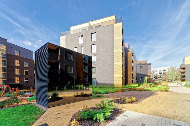 Benches at european complex of residential buildings. And outdoor facilities.