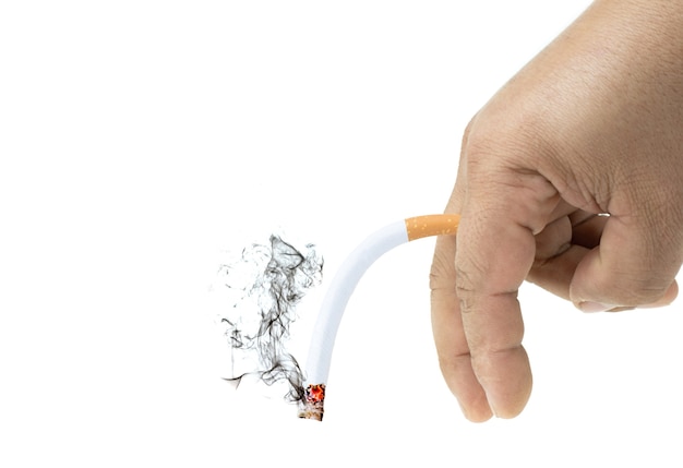 Bend cigarette burns with smoke in Men's hand at isolated white background, Erectile Dysfunction concept