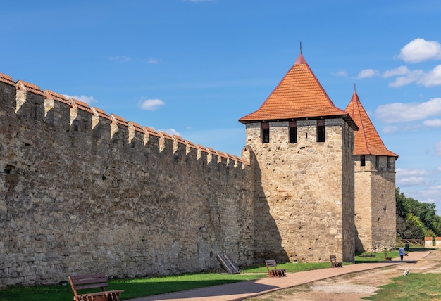 Bender, Moldova 06.09.2021.  Fortress walls and towers of the Tighina Fortress in Bender, Transnistria or Moldova, on a sunny summer day