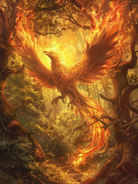 Beneath the ancient oaks of a Celtic grove a Phoenix rebirths in flames