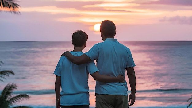 Beneath the canvas of the evening sky a father and his son stand hand in hand their faces aglow with the last rays of sunlight