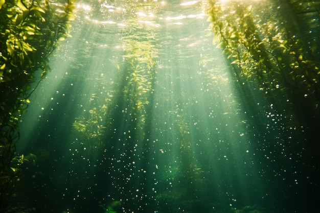 Beneath the surface light shines through the water A serene underwater scene filled with greenery and bubbles Perfect for nature lovers and relaxation Generative AI