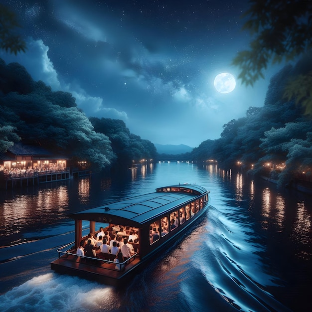 Beneath the twinkling stars of a moonlit sky passengers enjoy a romantic nighttime boat cruise alo