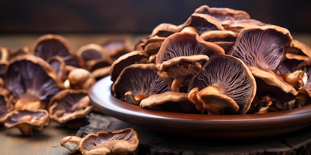 Photo benefits of dried reishi mushroom showcased in closeup on wooden table concept health benefits dried reishi mushroom closeup photography wooden table display