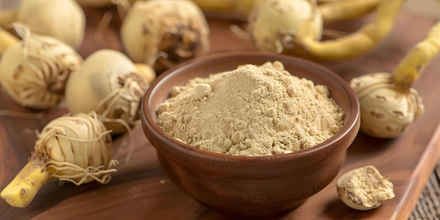 Photo benefits of using peruvian maca root powder for health and nutrition concept superfood hormone balance energy boost improved mood stamina