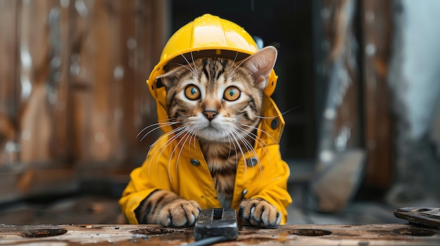 Bengal cat in a carpenter39s outfit hammering a nail with a determined look