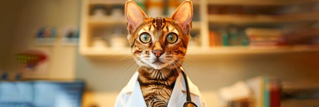 A Bengal cat is dressed in a white doctors coat and wearing a stethoscope around its neck appearing to be ready for medical duties