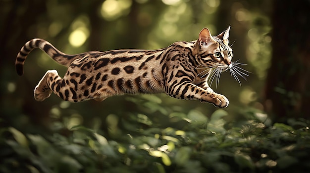 Photo bengal cat striking spot sleek body leaping gracefully through dense forest demonstrating agile