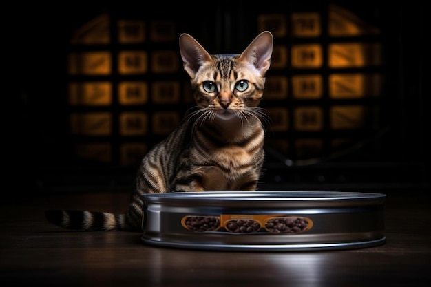 Bengal cat and tin can wet cat food in a closed tin can