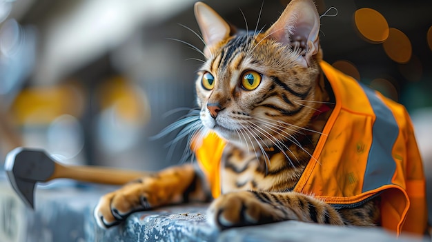 Bengal cat wearing a construction worker39s vest focused on a toy hammer