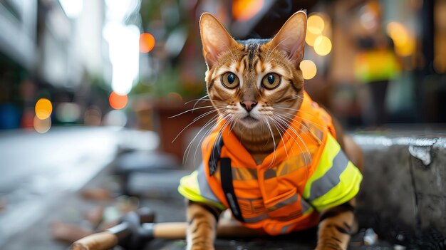 Photo bengal cat wearing a construction worker39s vest focused on a toy hammer