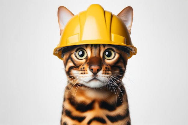 bengal cat wearing a yellow construction helmet isolated on a solid white background