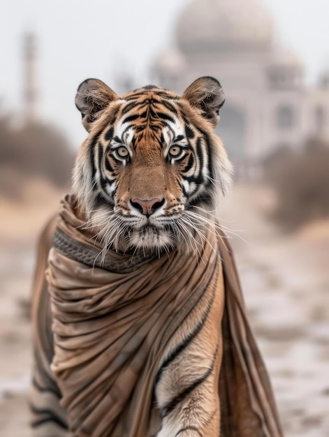 Bengal Tiger in Sari Stands Before Iconic Taj Mahal in India