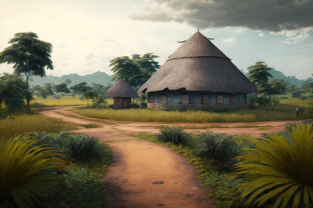 Benin landscape with straw hut and lake Generative AI Art Beautiful view