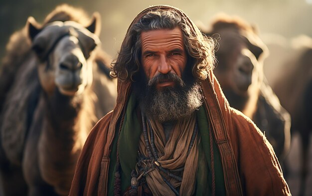 Berber leading camel caravan in the desert