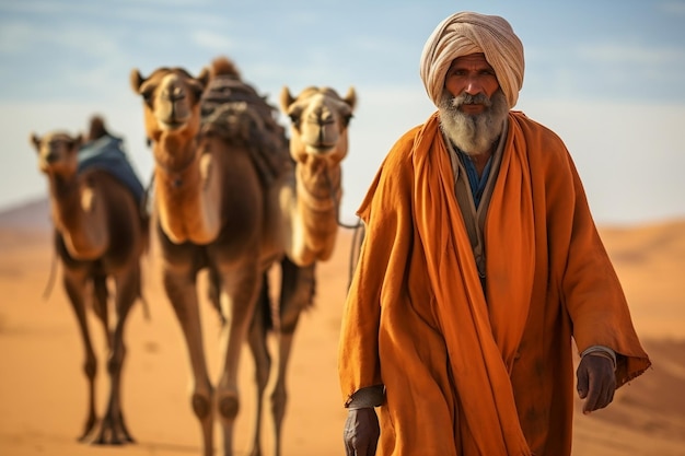 Berber man leading camel caravan A man leads two Generative AI