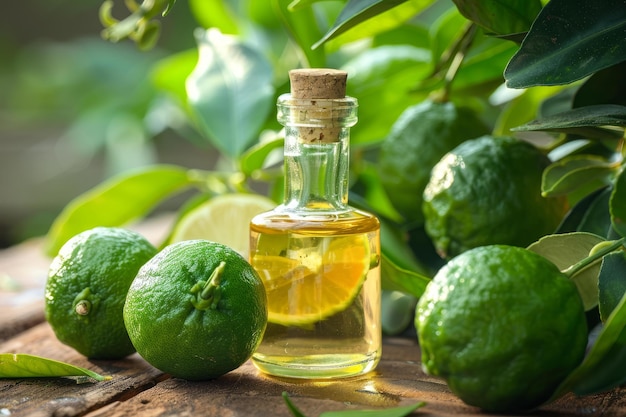 Bergamot essential oil surrounded by fresh bergamot fruits on wooden table