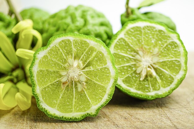 Bergamot fresh fruit on wooden background.