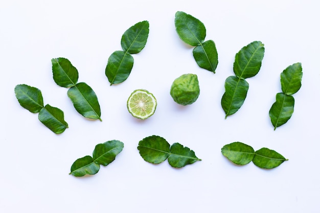 Bergamot kaffir lime with leaves herb fresh ingredient isolated on white 