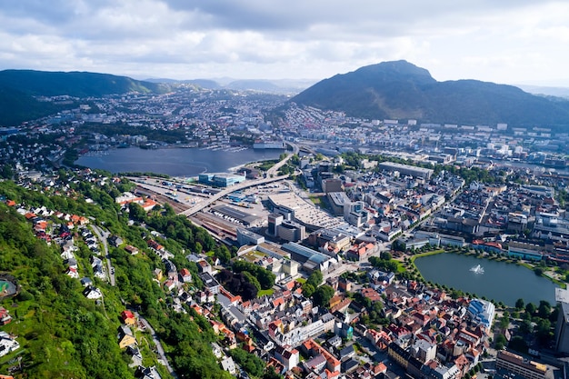 Bergen is a city and municipality in Hordaland on the west coast of Norway. Bergen is the second-largest city in Norway. The view from the height of bird flight. Aerial FPV drone flights.