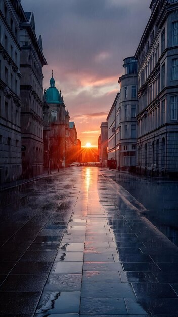 Photo berlin evening tranquility after rain sunset over altbau street