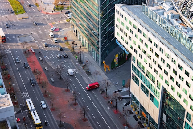 Berlin, Germany - December 13, 2017: Aerial view of road with car traffic and modern building architecture in Potsdamer Platz Square in German City centre in Berlin in Germany in Europe.