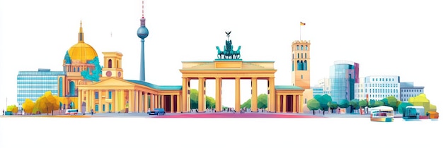 Berlin Skyline Clipart Illustration featuring iconic landmarks including the Brandenburg Gate