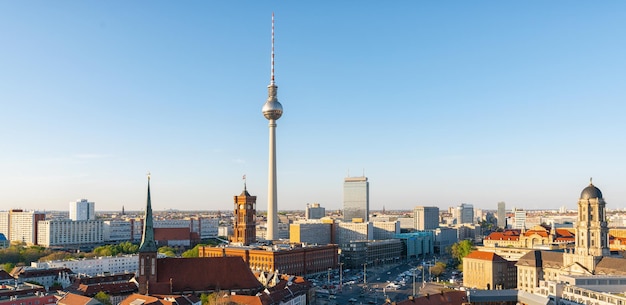 Berlin skyline panorama with famous TV tower in beautiful evening light at sunset Germany