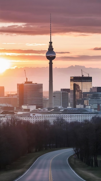 Berlin skyline at sunset with Fernsehturm Berlin Berlin Television Tower in the background