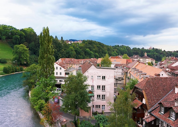 Bern city landscape with Aare River and houses, Bern-Mittelland district, Switzerland.