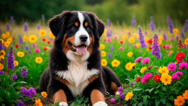 Bernese Mountain Dog puppy sitting proudly in a field of wildflowers