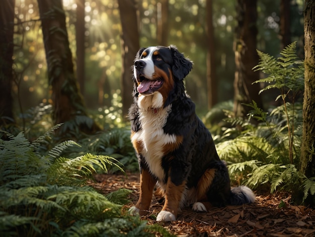 a Bernese Mountain Dog sits in the forest with ferns in the background