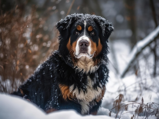 A Bernese mountain dog in the snow Beatiful dog