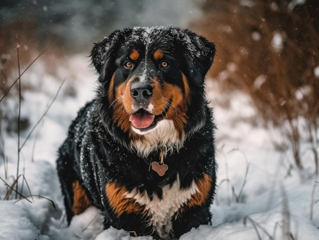 A Bernese mountain dog in the snow Beatiful dog