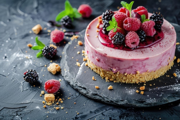 Berries and cream dessert on dark slate