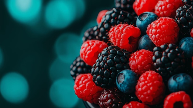 Photo berries in a dark bowl a colorful delight against a teal backdrop