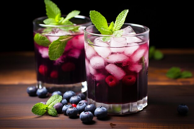 Berries and mint around refreshing blueberry drinks